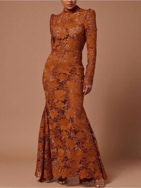 Burnt Orange Lace Maxi Dress w/Skims Shaping Slip (Large/Altered to Medium)